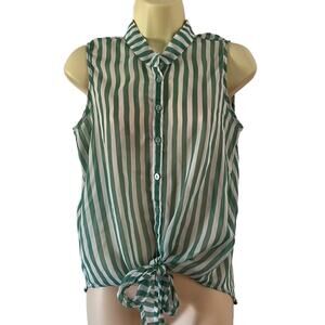 Passport Green & White Striped Chiffon Blouse Sheer Size Large Summer